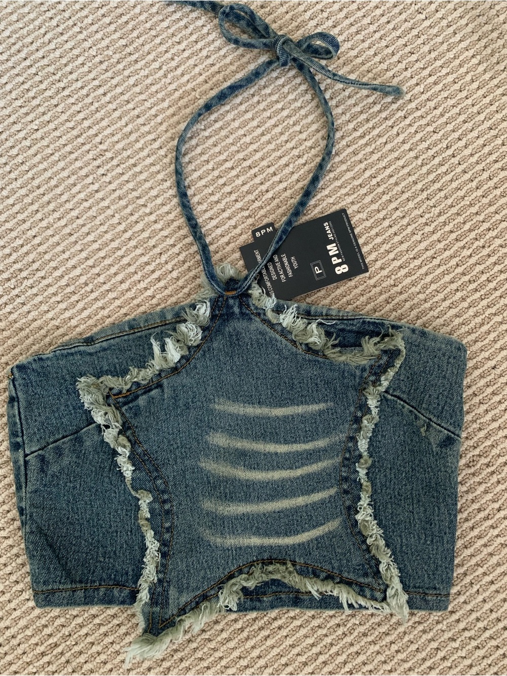 NWT Vintage Frayed Star Halter Denim Crop Top - Blue (8PM Jeans)